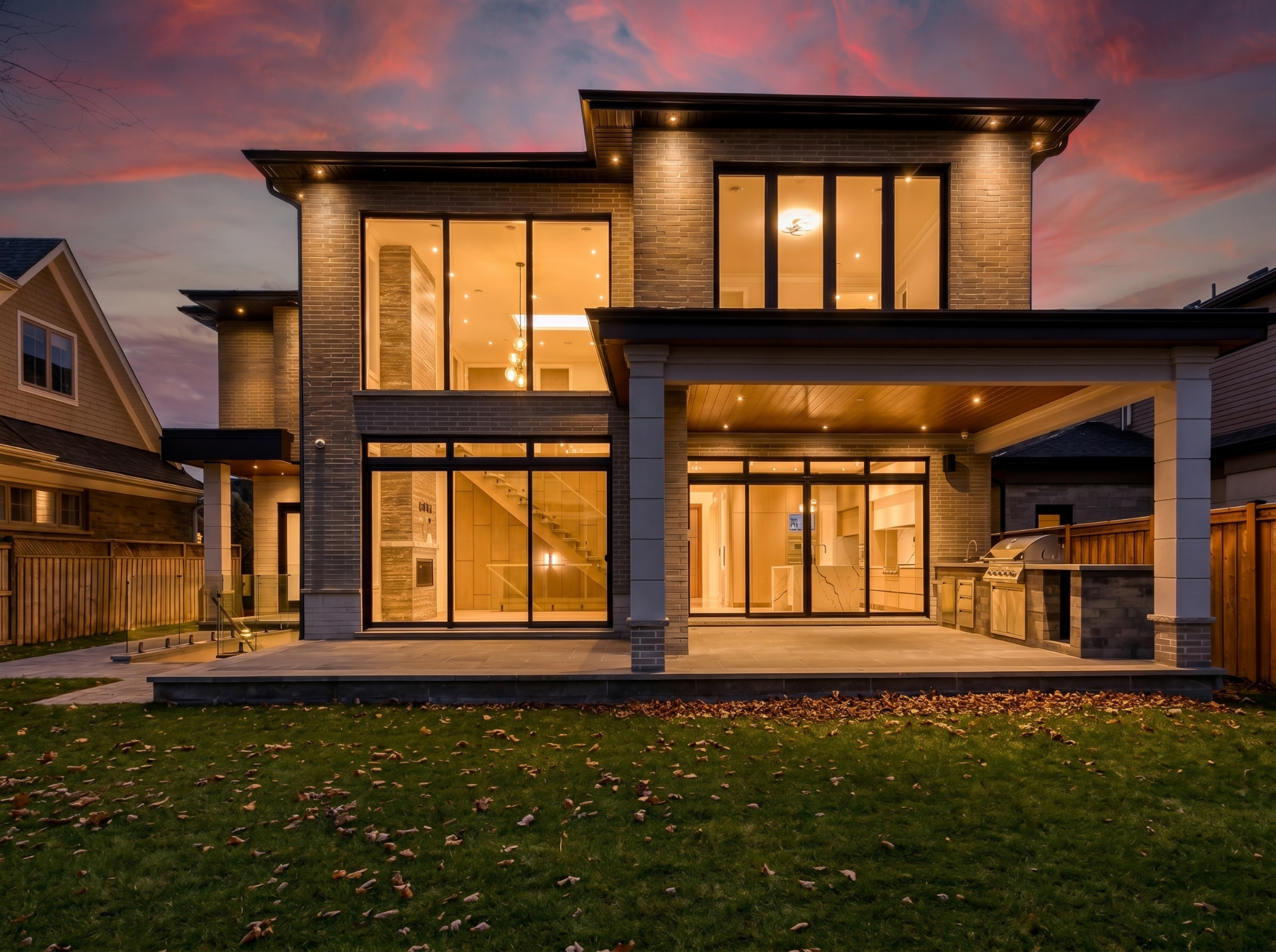 Custom home exterior at dusk